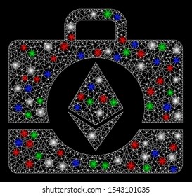 Bright mesh Ethereum case with glare effect. White wire carcass triangular mesh in vector format on a black background. Abstract 2d mesh designed with polygonal grid, dots, colored glare spots.