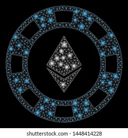 Bright mesh Ethereum casino chip with glow effect. Abstract illuminated model of Ethereum casino chip icon. Shiny wire carcass triangular mesh Ethereum casino chip.