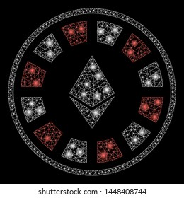 Bright mesh Ethereum casino roulette with glare effect. Abstract illuminated model of Ethereum casino roulette icon. Shiny wire frame polygonal mesh Ethereum casino roulette.