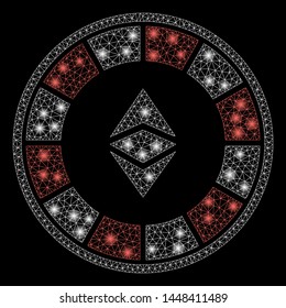 Bright mesh Ethereum casino roulette with glare effect. Abstract illuminated model of Ethereum casino roulette icon. Shiny wire frame polygonal mesh Ethereum casino roulette.