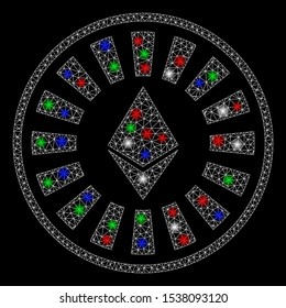 Bright mesh Ethereum casino roulette with glare effect. White wire frame triangular mesh in vector format on a black background. Abstract 2d mesh designed with triangles, round dots,