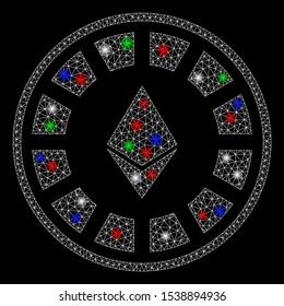 Bright mesh Ethereum casino roulette with glare effect. White wire carcass polygonal mesh in vector format on a black background. Abstract 2d mesh designed with polygonal grid, points,