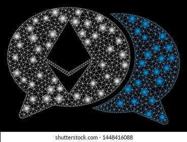 Bright mesh Ethereum chat with glare effect. Abstract illuminated model of Ethereum chat icon. Shiny wire carcass triangular mesh Ethereum chat. Vector abstraction on a black background.