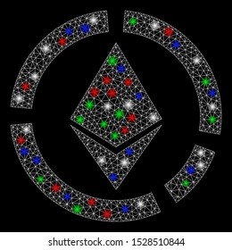 Bright mesh Ethereum circle diagram with glare effect. White wire carcass polygonal network in vector format on a black background. Abstract 2d mesh designed with polygonal grid, spheric points,