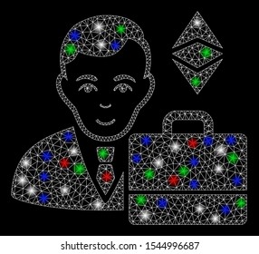 Bright mesh Ethereum classic accounter with glare effect. White wire frame polygonal mesh in vector format on a black background. Abstract 2d mesh designed with polygonal grid, small circle,