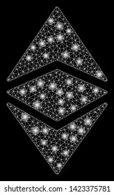 Bright mesh Ethereum classic with glare effect. Abstract illuminated model of Ethereum classic icon. Shiny wire frame triangular mesh Ethereum classic. Vector abstraction on a black background.