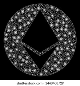 Bright mesh Ethereum coin with glow effect. Abstract illuminated model of Ethereum coin icon. Shiny wire frame polygonal mesh Ethereum coin. Vector abstraction on a black background.