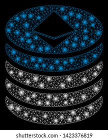 Bright mesh Ethereum coin stack with glow effect. Abstract illuminated model of Ethereum coin stack icon. Shiny wire frame triangular mesh Ethereum coin stack.