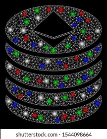Bright mesh Ethereum coin stack with glare effect. White wire frame triangular mesh in vector format on a black background. Abstract 2d mesh designed with polygonal grid, spheric points,
