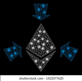 Bright mesh Ethereum collect arrows with glare effect. Abstract illuminated model of Ethereum collect arrows icon. Shiny wire carcass polygonal mesh Ethereum collect arrows.