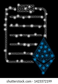 Bright mesh Ethereum contract with glare effect. Abstract illuminated model of Ethereum contract icon. Shiny wire frame polygonal network Ethereum contract. Vector abstraction on a black background.