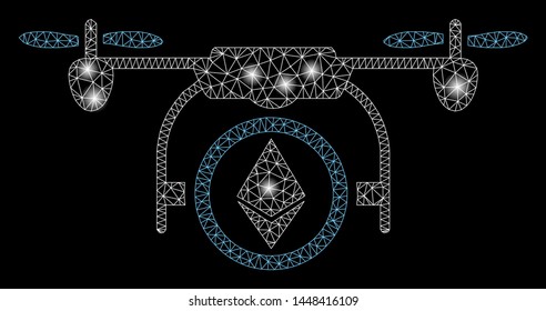Bright mesh Ethereum copter with glow effect. Abstract illuminated model of Ethereum copter icon. Shiny wire frame triangular mesh Ethereum copter. Vector abstraction on a black background.