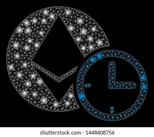Bright mesh Ethereum credit time with glare effect. Abstract illuminated model of Ethereum credit time icon. Shiny wire carcass polygonal mesh Ethereum credit time.