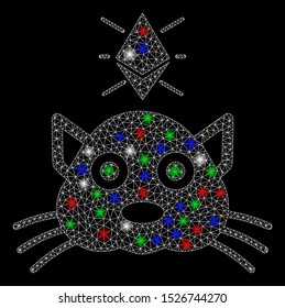 Bright mesh Ethereum crypto kitty with glare effect. White wire carcass polygonal network in vector format on a black background. Abstract 2d mesh designed with polygonal grid, small circle,