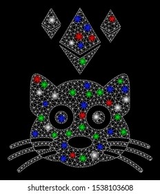 Bright mesh Ethereum crypto kitty with glow effect. White wire frame polygonal mesh in vector format on a black background. Abstract 2d mesh designed with triangular lines, dots, colored light spots.