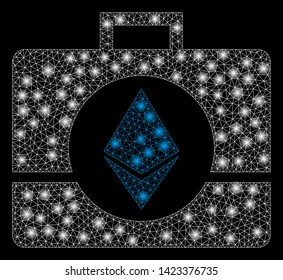 Bright mesh Ethereum crystal case with glare effect. Abstract illuminated model of Ethereum crystal case icon. Shiny wire carcass polygonal mesh Ethereum crystal case.
