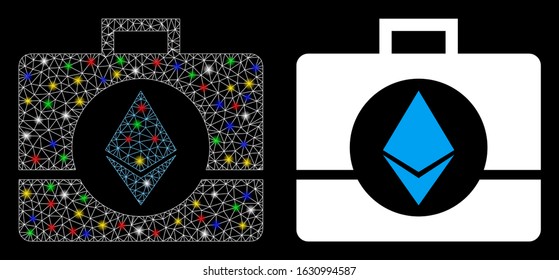 Bright mesh Ethereum crystal case icon with sparkle effect. Abstract illuminated model of Ethereum crystal case. Shiny wire carcass triangular mesh Ethereum crystal case icon.