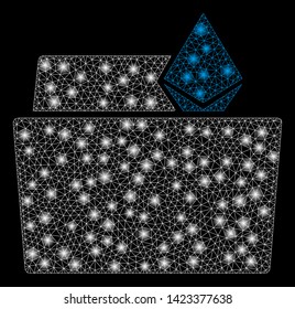 Bright mesh Ethereum crystal folder with glare effect. Abstract illuminated model of Ethereum crystal folder icon. Shiny wire frame polygonal mesh Ethereum crystal folder.