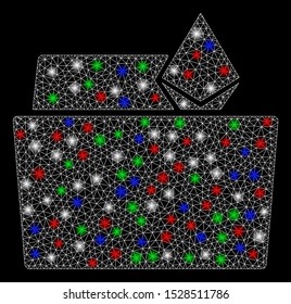 Bright mesh Ethereum crystal folder with lightspot effect. White wire frame polygonal mesh in vector format on a black background. Abstract 2d mesh designed with triangles, spheric points,