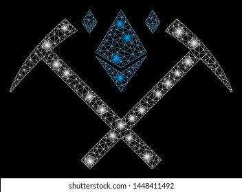 Bright mesh Ethereum crystal mining hammers with glow effect. Abstract illuminated model of Ethereum crystal mining hammers icon. Shiny wire frame triangular mesh Ethereum crystal mining hammers.