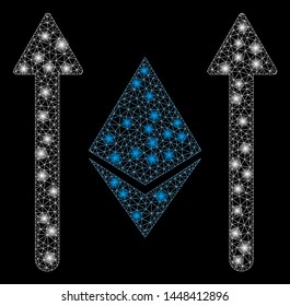 Bright mesh Ethereum crystal send arrows with glare effect. Abstract illuminated model of Ethereum crystal send arrows icon. Shiny wire frame triangular network Ethereum crystal send arrows.