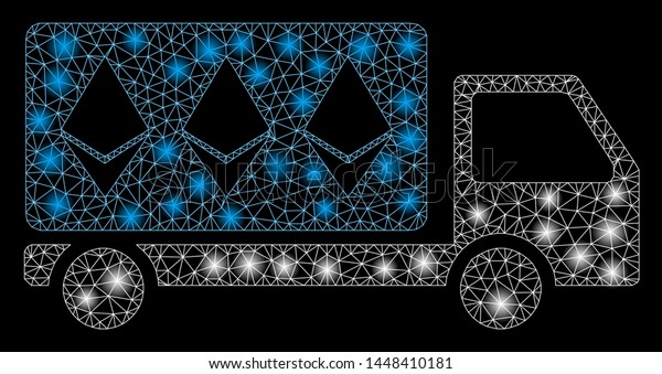 Bright mesh Ethereum delivery\
car with glare effect. Abstract illuminated model of Ethereum\
delivery car icon. Shiny wire carcass triangular mesh Ethereum\
delivery car.