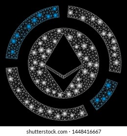 Bright mesh Ethereum diagram with glow effect. Abstract illuminated model of Ethereum diagram icon. Shiny wire carcass polygonal mesh Ethereum diagram. Vector abstraction on a black background.