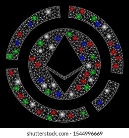 Bright mesh Ethereum diagram with glow effect. White wire carcass triangular mesh in vector format on a black background. Abstract 2d mesh designed with triangular lines, round dots,