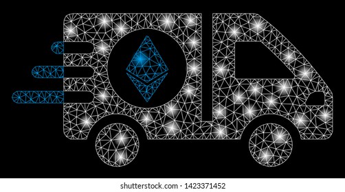 Bright mesh Ethereum express car with glare effect. Abstract illuminated model of Ethereum express car icon. Shiny wire carcass triangular network Ethereum express car.