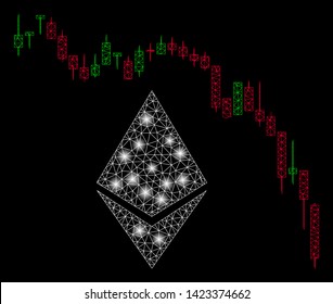 Bright mesh Ethereum fall chart with glare effect. Abstract illuminated model of Ethereum fall chart icon. Shiny wire carcass polygonal mesh Ethereum fall chart.