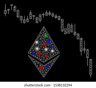 Bright mesh Ethereum fall chart with glare effect. White wire frame polygonal network in vector format on a black background. Abstract 2d mesh designed with polygonal grid, points,