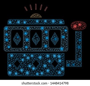 Bright mesh Ethereum gambling machine with glow effect. Abstract illuminated model of Ethereum gambling machine icon. Shiny wire frame polygonal mesh Ethereum gambling machine.