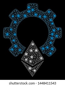 Bright mesh Ethereum gear with glow effect. Abstract illuminated model of Ethereum gear icon. Shiny wire carcass triangular mesh Ethereum gear. Vector abstraction on a black background.