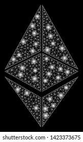 Bright mesh Ethereum with glare effect. Abstract illuminated model of Ethereum icon. Shiny wire frame polygonal mesh Ethereum. Vector abstraction on a black background.