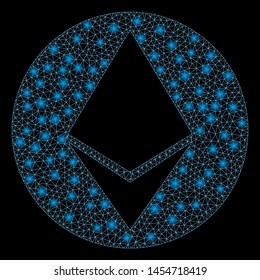 Bright mesh Ethereum with glare effect. Abstract illuminated model of Ethereum icon. Shiny wire frame triangular mesh Ethereum. Vector abstraction on a black background.
