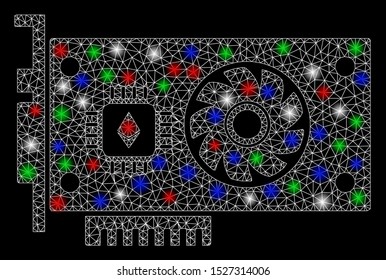 Bright mesh Ethereum GPU videocard with glare effect. White wire frame polygonal mesh in vector format on a black background. Abstract 2d mesh designed with polygonal grid, spheric points,