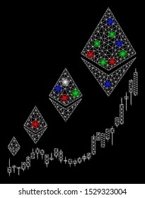 Bright mesh Ethereum growth chart with glare effect. White wire frame triangular mesh in vector format on a black background. Abstract 2d mesh designed with polygonal grid, round dots,