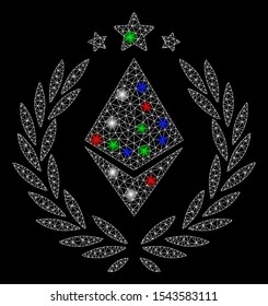 Bright mesh Ethereum laurel wreath with glow effect. White wire carcass triangular mesh in vector format on a black background. Abstract 2d mesh built from triangular lines, small circle,
