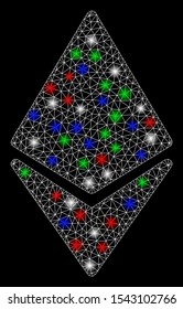 Bright mesh Ethereum with lightspot effect. White wire frame polygonal mesh in vector format on a black background. Abstract 2d mesh built from polygonal grid, dots, colored flash spots.