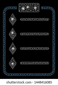 Bright mesh Ethereum list pad with glow effect. Abstract illuminated model of Ethereum list pad icon. Shiny wire carcass polygonal mesh Ethereum list pad. Vector abstraction on a black background.
