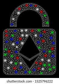 Bright mesh Ethereum lock with lightspot effect. White wire frame triangular mesh in vector format on a black background. Abstract 2d mesh created from triangular lines, small circle,