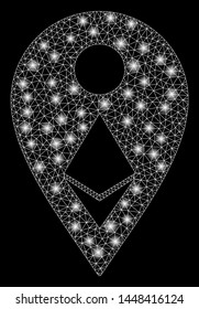 Bright mesh Ethereum map marker with lightspot effect. Abstract illuminated model of Ethereum map marker icon. Shiny wire carcass triangular mesh Ethereum map marker.