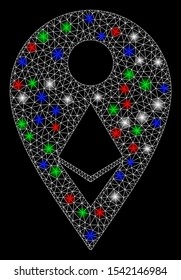 Bright mesh Ethereum map marker with glow effect. White wire frame triangular mesh in vector format on a black background. Abstract 2d mesh created from triangular lines, dots, colorful glare spots.