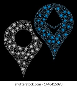 Bright mesh Ethereum map markers with glare effect. Abstract illuminated model of Ethereum map markers icon. Shiny wire frame polygonal network Ethereum map markers.