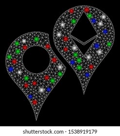 Bright mesh Ethereum map markers with lightspot effect. White wire carcass triangular mesh in vector format on a black background. Abstract 2d mesh designed with triangular lines, points,
