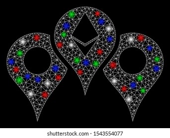 Bright mesh Ethereum map pointers with glow effect. White wire carcass polygonal mesh in vector format on a black background. Abstract 2d mesh built from polygonal grid, dots, colorful flash spots.