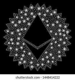 Bright mesh Ethereum medal coin with glow effect. Abstract illuminated model of Ethereum medal coin icon. Shiny wire carcass triangular mesh Ethereum medal coin.