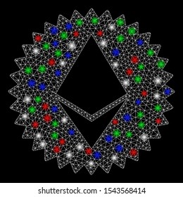 Bright mesh Ethereum medal coin with lightspot effect. White wire frame polygonal mesh in vector format on a black background. Abstract 2d mesh designed with polygonal grid, round dots,