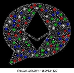 Bright mesh Ethereum message balloon with glare effect. White wire frame polygonal mesh in vector format on a black background. Abstract 2d mesh designed with triangles, spheric points,