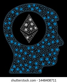 Bright mesh Ethereum mind with glare effect. Abstract illuminated model of Ethereum mind icon. Shiny wire carcass polygonal mesh Ethereum mind. Vector abstraction on a black background.